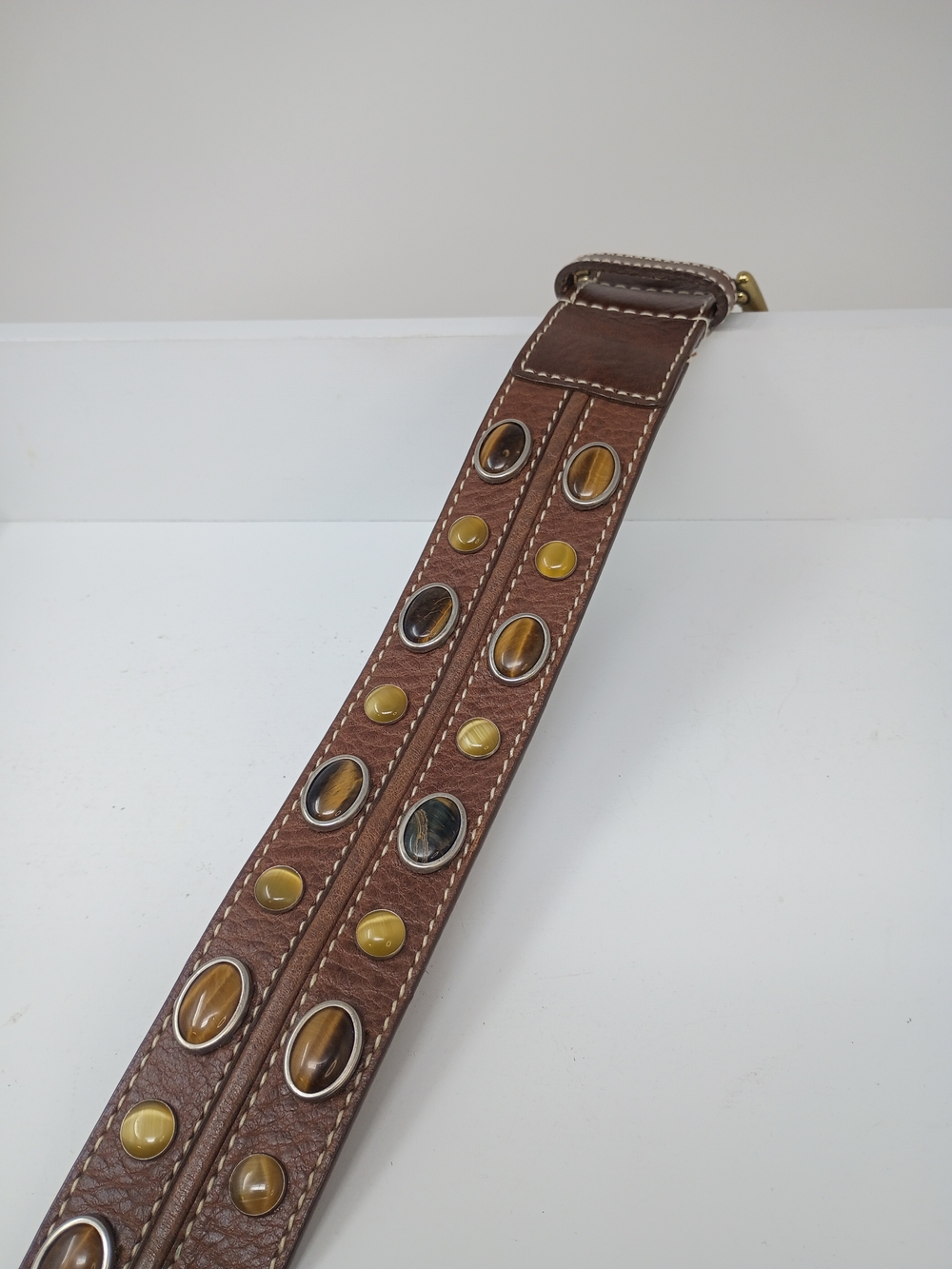 Michaels Kors Brown Leather Belt, Brass Buckle with Stud Accents - Picture 6 of 13